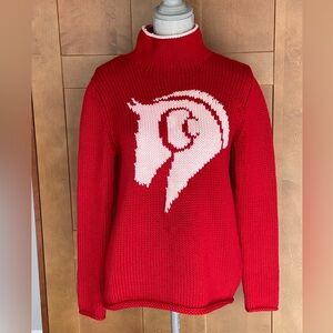 MIASUKI Italy Red and White Hand-Knit Wool Sweater with Horse Design, Medium